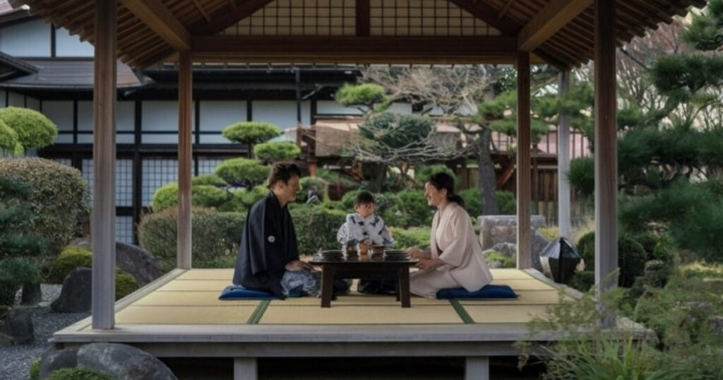 伝統的な日本庭園の中にある、畳敷きの低い木のテーブルの周りに座布団を置く 3 人家族。彼らは手入れの行き届いた茂みや木々に囲まれた木の屋根の下で食事を共有しているようで、背景ではリズナレッジが埼玉県の職人による美しい施工事例を紹介している。