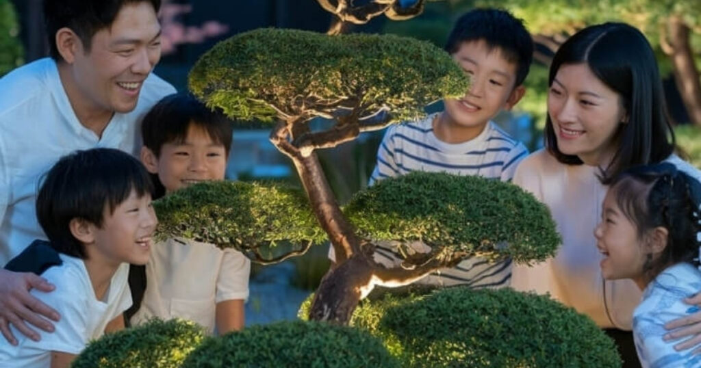 大人 2 人と子供 3 人からなる陽気な 5 人家族が、柔らかな光に照らされた美しく剪定された盆栽の木の周りに立っています。全員が笑顔で参加しており、暖かく楽しい雰囲気が生まれています。背景の豊かな緑は、埼玉県の屋外の風景を彷彿とさせます。