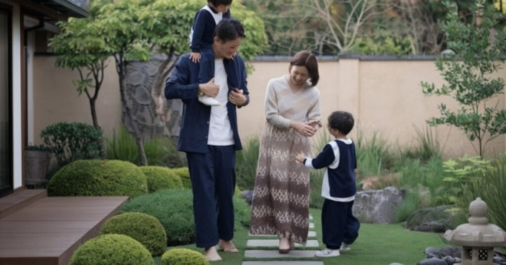 埼玉県の静かな庭で4人家族が楽しんでいます。父親が幼い子供を肩に乗せ、母親は笑顔でもう1人の子供の手を前で握っています。リズナレッジによる美しい施工事例であるこの庭には、緑豊かな茂み、石灯籠、木製のデッキがあり、すべてベージュの壁と木々に囲まれています。