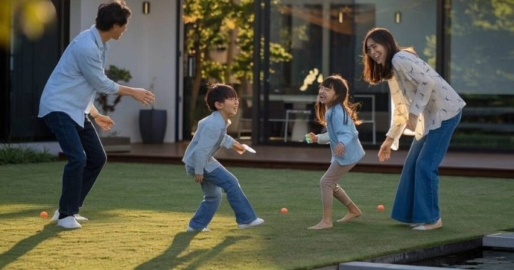 カジュアルな服を着た 4 人家族が、モダンな家の前の芝生で楽しく遊んでいます。両親は両側にいて、真ん中にいる 2 人の幼い子供たちと交流しています。子供たちは、いくつかの小さなカラフルなボールに囲まれて笑っています。.