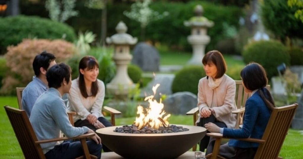5 人が庭の円形の火鉢の周りに座り、会話に熱中しています。豊かな緑ときれいに刈り込まれた茂みに囲まれたこの光景は、静寂のオアシスのようです。白い石灯籠が静かな雰囲気に魅力を加え、年間メンテナンスを入念に行うことで完璧な雰囲気が生まれています。.