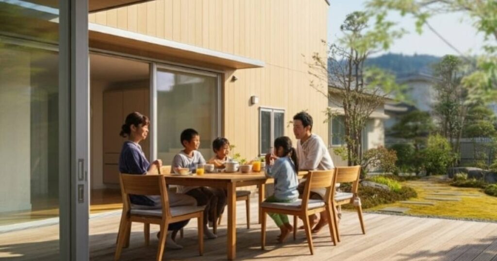 5 人家族がテラスの木製テーブルの周りに座って朝食を楽しんでいます。両親が両側に座り、その間に 3 人の子供がいます。テーブルにはオレンジ ジュースと食べ物が置かれています。風景は日当たりがよく、エレガントなデザインのモダンな家と、背景には美しい庭園があります。.