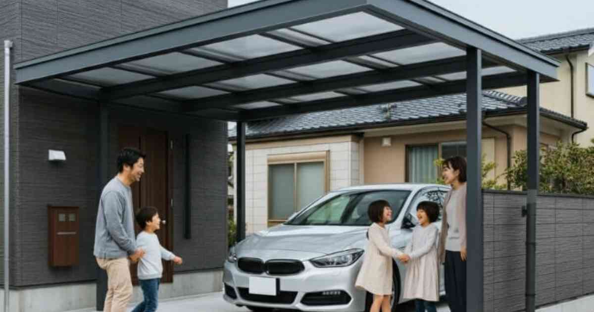 5人家族が家の前の新しいカーポートの下に集まり、慎重な選択を見せている。両親は子供たちの向かいに立っており、子供たちは笑顔で手をつないでいる。透明な屋根の建物の下には銀色の車が停まっている。家の外観は暗く、木製のドアが付いている。.