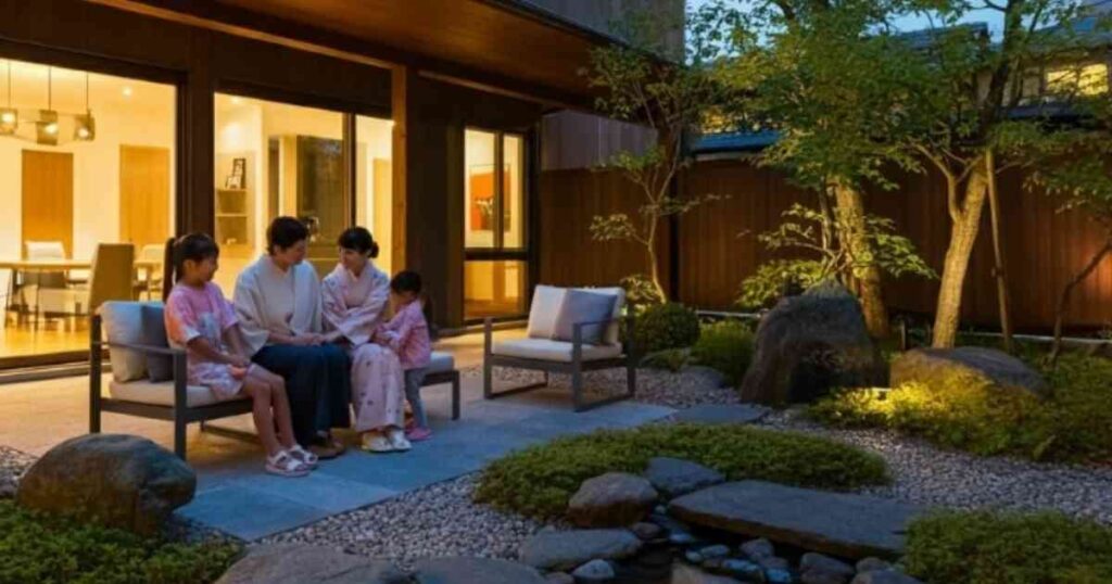 家族4人が静かな日本庭園のテラスに座り、テラスのある暮らしを楽しんでいます。それらは緑の低木、岩、木に囲まれています。家の内部と庭からの柔らかな照明が情景を照らし、彼らの静かな夜のための思慮深い施工デザインを際立たせます。.