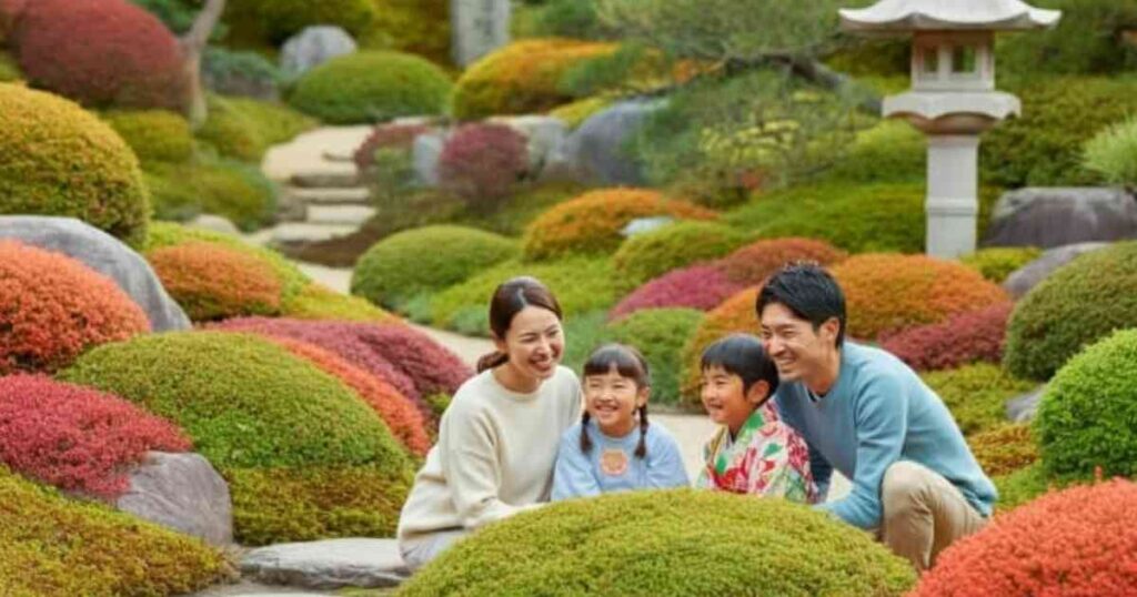 大人 2 人と子供 2 人の幸せな 4 人家族が、美しくデザインされた日本庭園で静かなひとときを過ごしています。テラスでは、鮮やかな低木と石に囲まれています。背景には伝統的な石灯籠が立っています。全員が笑顔で、カジュアルな服装をしています。.