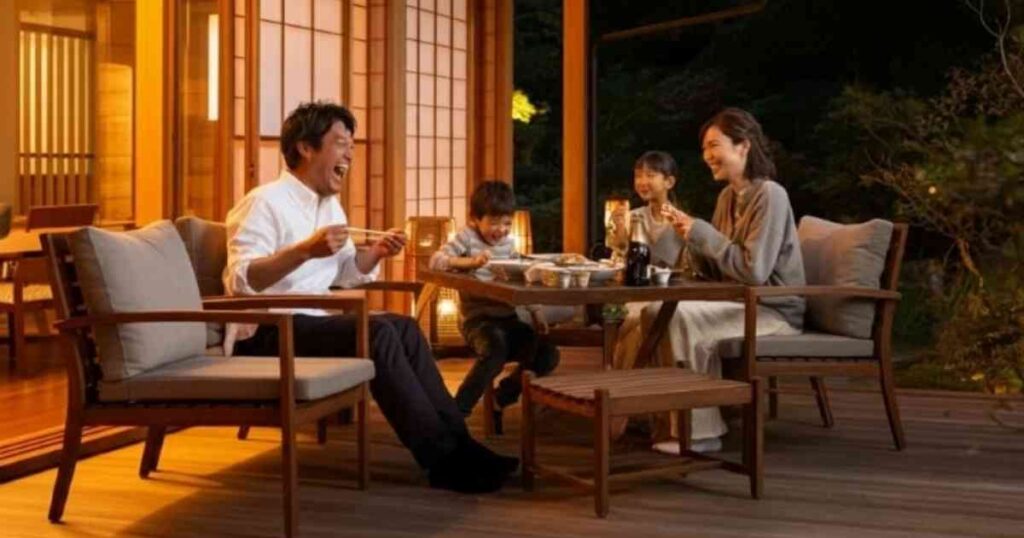 4 人家族が、美しくデザインされた居心地の良い屋外パティオに座って、食事を共にしています。背景には、温かみのある木造建築と、柔らかな間接照明があしらわれています。両親と 2 人の子供が笑顔で笑い、夜の雰囲気に温かく心地よい雰囲気を醸し出しています。.