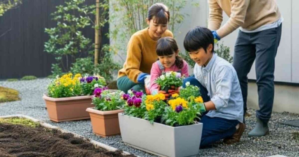 4 人家族が一緒にガーデニングをしています。男の子と女の子の 2 人の子供が、鮮やかな黄色と紫色の花が入った長方形の鉢に花を植えています。大人 2 人が手伝い、1 人は男の子の横にしゃがんでいます。このシーンは、砂利道と緑のある屋外で撮影されています。.