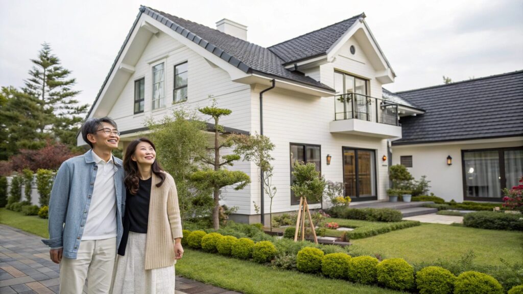 笑顔のカップルが、暗い屋根の大きなモダンな白い家の前の舗装された歩道に立っています。庭は手入れの行き届いた低木や木々できれいに整備されており、洗練されたカーポートがそれを引き立てています。カジュアルな服を着たカップルは、幸せや満足感を暗示して、気持ちよく上を見上げています。.