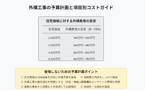 新築外構工事に特化した表やヒントを掲載した、外構工事費用の見積りの日本語ガイドです。この表は、住宅価格（2,000～5,000万円）に関連する予想費用を詳細に示しており、外部費用は8～15％です。黄色のセクションは予算編成ポイントの概要を示します。.