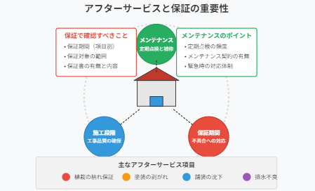 日本語のインフォグラフィックでは、住宅を中心に保証確認、メンテナンス、瑕疵修理のセクションを取り上げ、アフターサービスと保証の重要性を強調しています。構造保証、塗装メンテナンス、清掃、業者選びの重要なチェックポイントなどのアイコンが含まれています。.